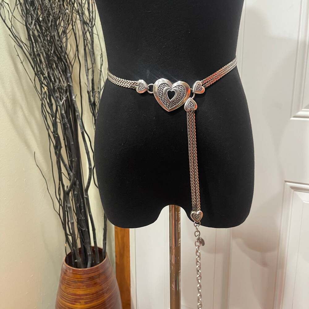 Silver Tone Mesh Link Chain Belt with Love Hearts Accents